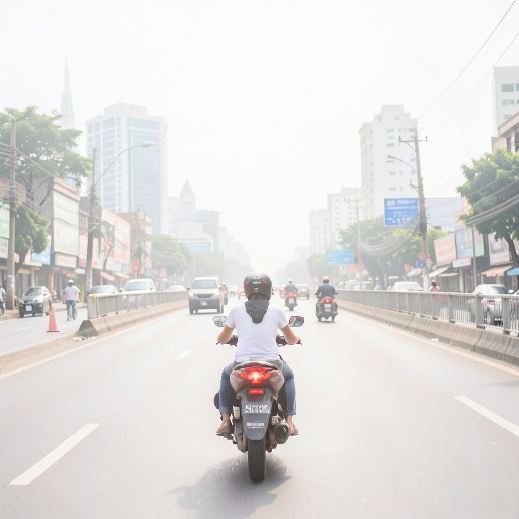 Bright, airy high-key photograph of a busy Malaysian urban street scene in soft daylight, with muted sky tones and clear sightlines